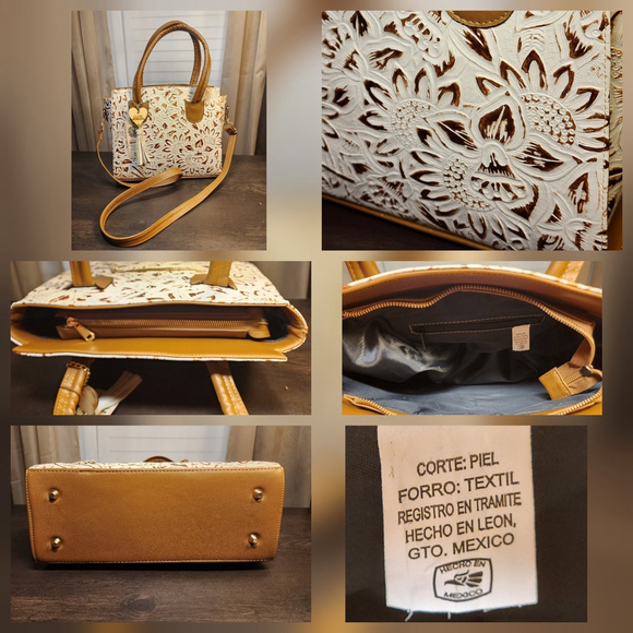 Gold White Sunflower Embossed Tooled Artisan LEATHER Crossbody Handbag Purse - Picture 14 of 15